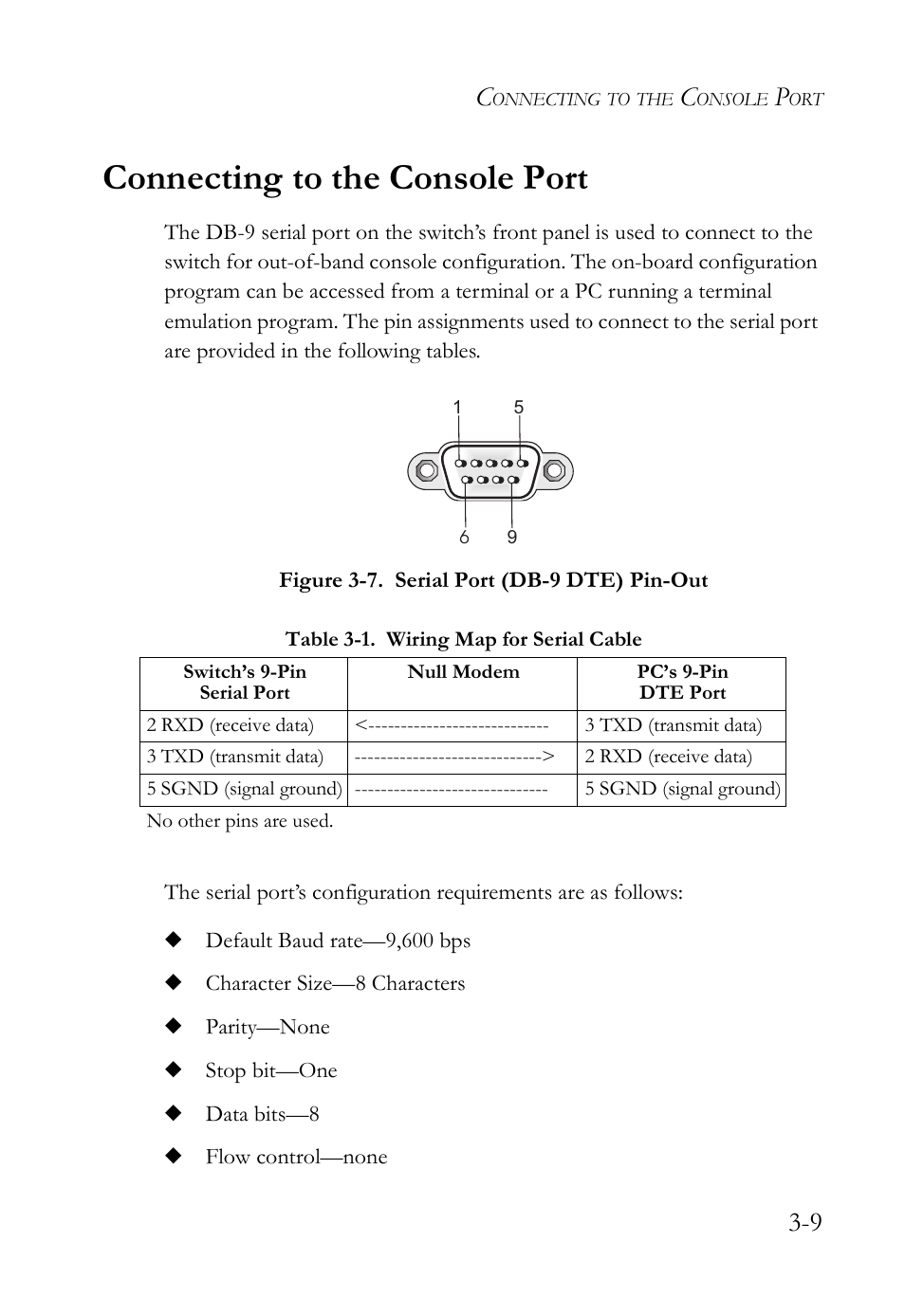 Connecting to the console port, Connecting to the console port -9, Table 3-1. wiring map for serial cable -9 | Figure 3-7, Serial port (db-9 dte) pin-out -9 | SMC Networks TIGERSWITCH SMC8648T User Manual | Page 45 / 80