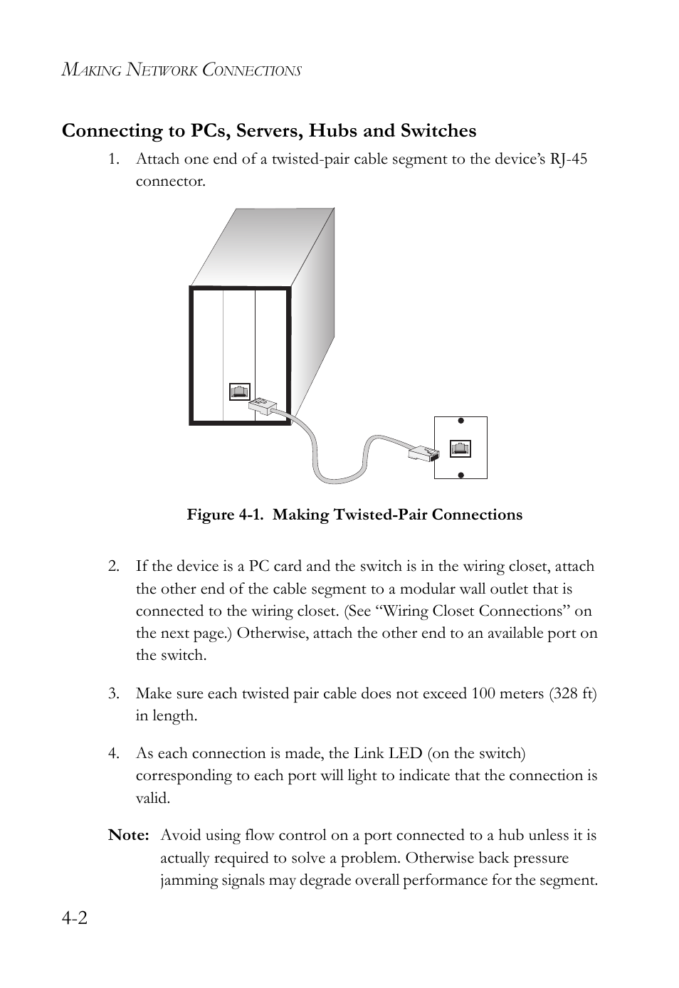 Connecting to pcs, servers, hubs and switches, Connecting to pcs, servers, hubs and switches -2, Figure 4-1 | Making twisted-pair connections -2, 2 connecting to pcs, servers, hubs and switches | SMC Networks TIGERSWITCH SMC8648T User Manual | Page 48 / 80