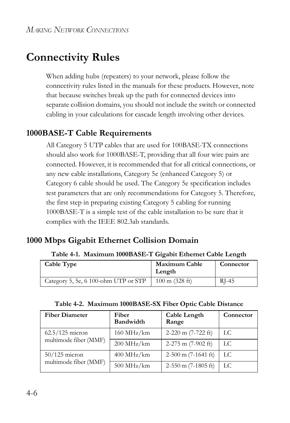 Connectivity rules, 1000base-t cable requirements, 1000 mbps gigabit ethernet collision domain | Connectivity rules -6 | SMC Networks TIGERSWITCH SMC8648T User Manual | Page 52 / 80
