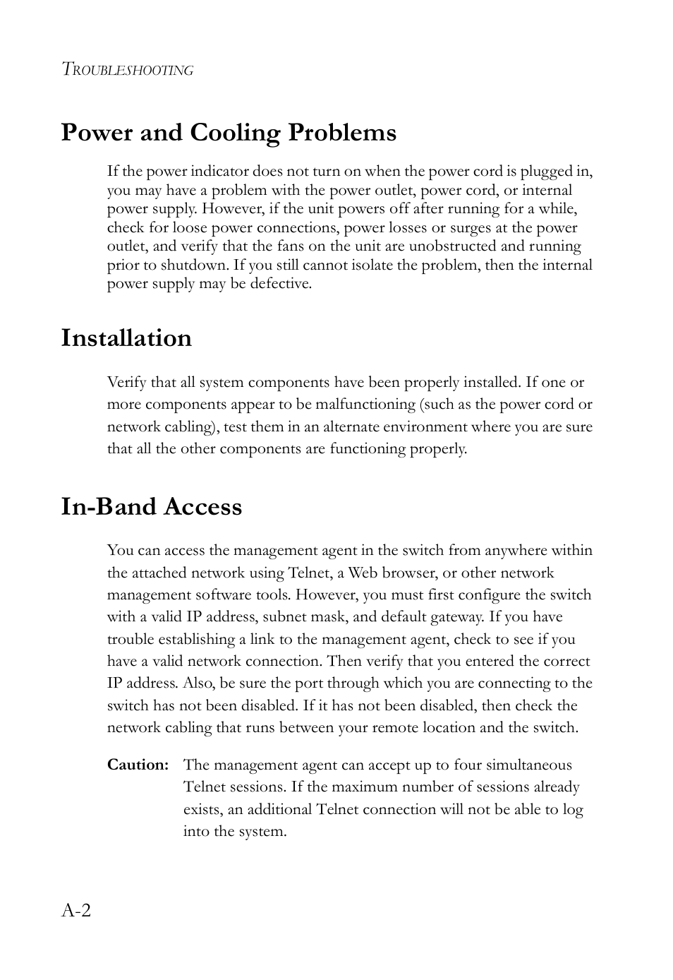 Power and cooling problems, Installation, In-band access | SMC Networks TIGERSWITCH SMC8648T User Manual | Page 56 / 80