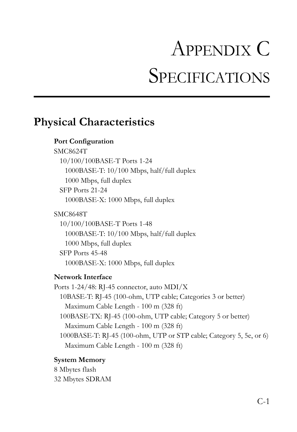 Appendix c specifications, Physical characteristics, Ppendix | Pecifications | SMC Networks TIGERSWITCH SMC8648T User Manual | Page 63 / 80