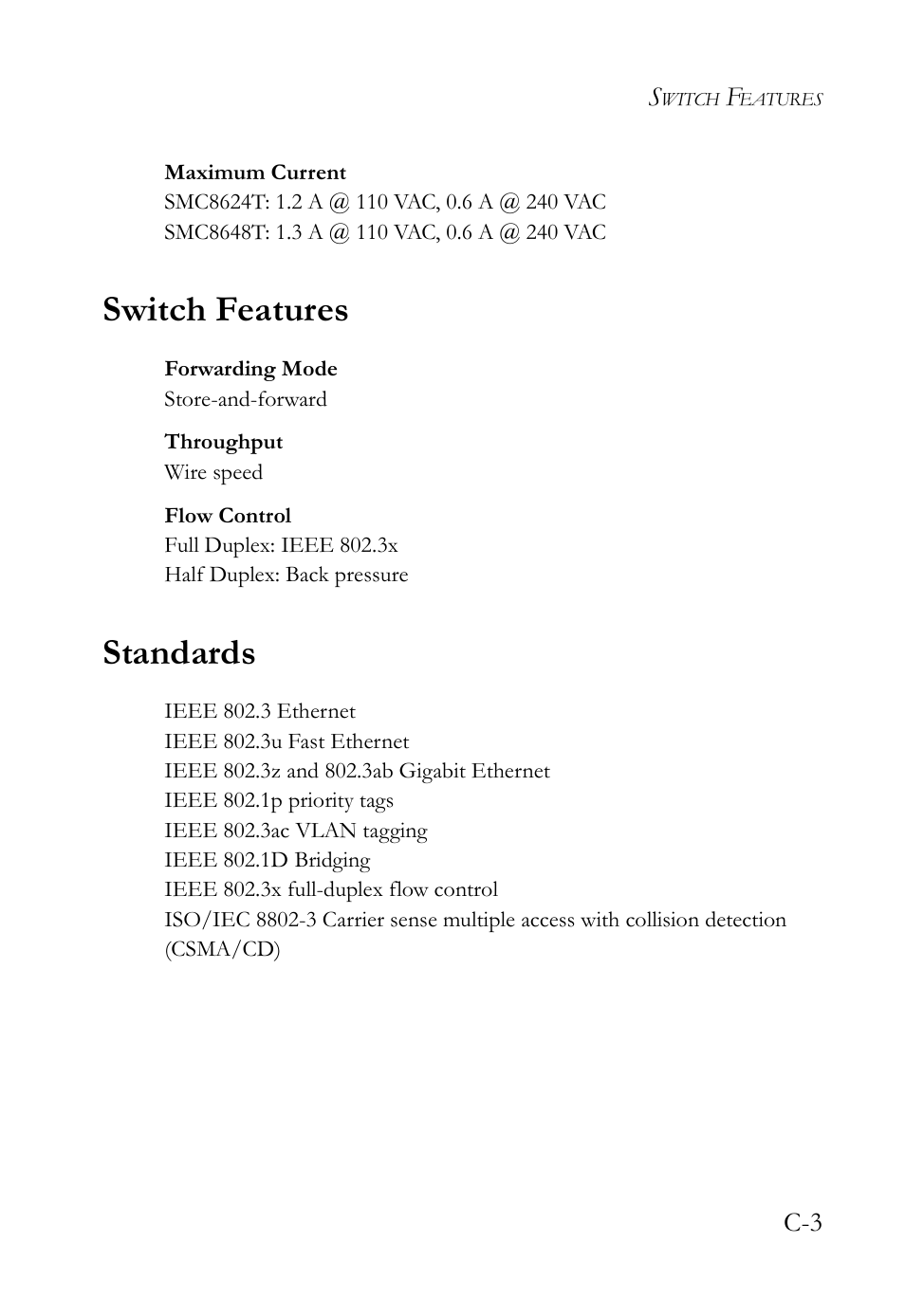 Switch features, Standards | SMC Networks TIGERSWITCH SMC8648T User Manual | Page 65 / 80