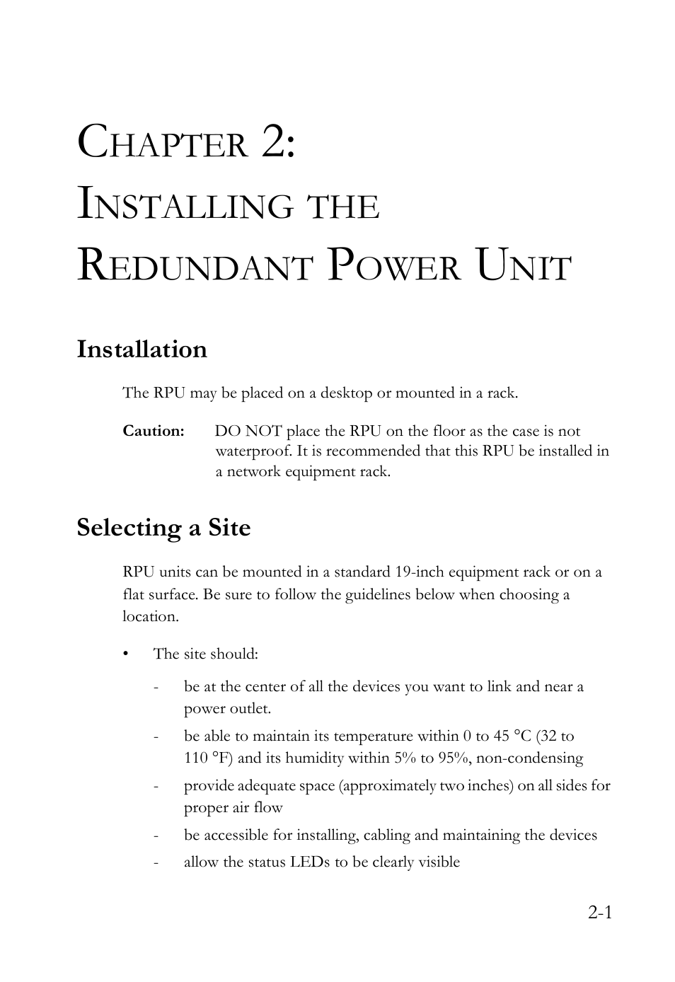 Chapter 2: installing the redundant power unit, Installation, Selecting a site | Installing the redundant power unit -1, Installation -1 selecting a site -1, Hapter, Nstalling, Edundant, Ower | SMC Networks SMCRPU14 User Manual | Page 21 / 38