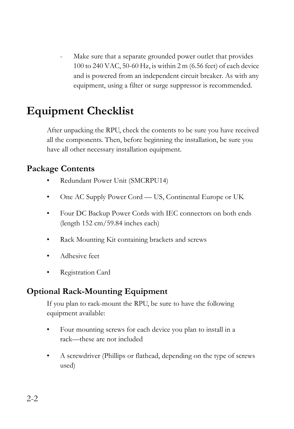 Equipment checklist, Package contents, Optional rack-mounting equipment | Equipment checklist -2 | SMC Networks SMCRPU14 User Manual | Page 22 / 38