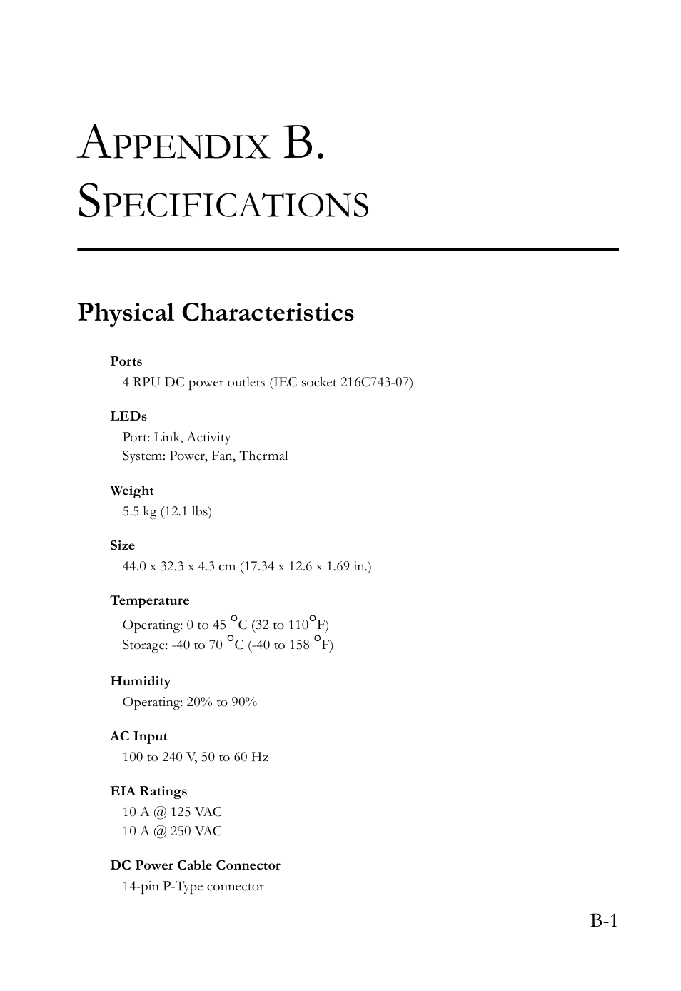 Appendix b. specifications, Physical characteristics, B. s | Ppendix, Pecifications | SMC Networks SMCRPU14 User Manual | Page 31 / 38