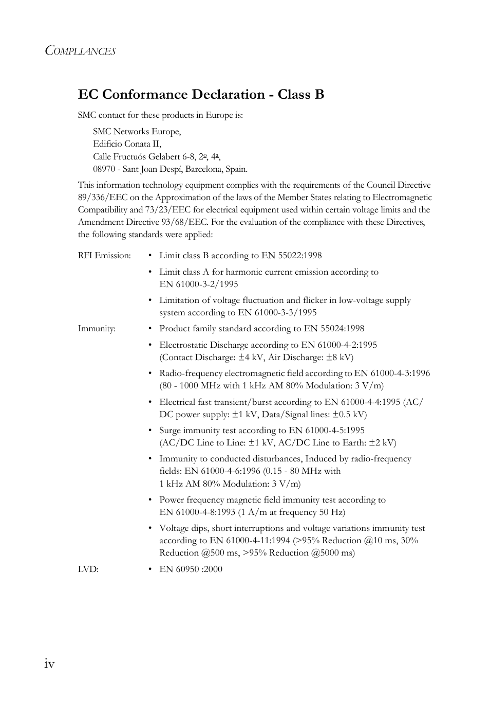 Iv ec conformance declaration - class b | SMC Networks SMCRPU14 User Manual | Page 8 / 38