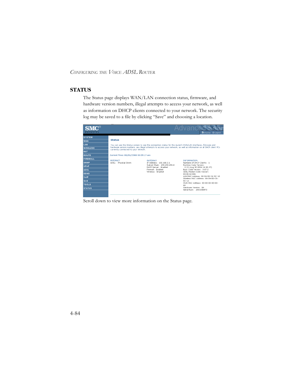 Status, Status -84 | SMC Networks SMC7908VoWBRA User Manual | Page 118 / 137