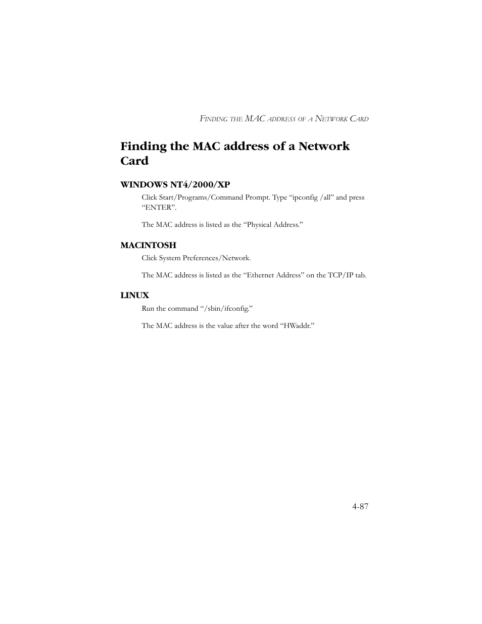 Finding the mac address of a network card, Windows nt4/2000/xp, Macintosh | Linux, Finding the mac address of a network card -87, Windows nt4/2000/xp -87 macintosh -87 linux -87 | SMC Networks SMC7908VoWBRA User Manual | Page 121 / 137