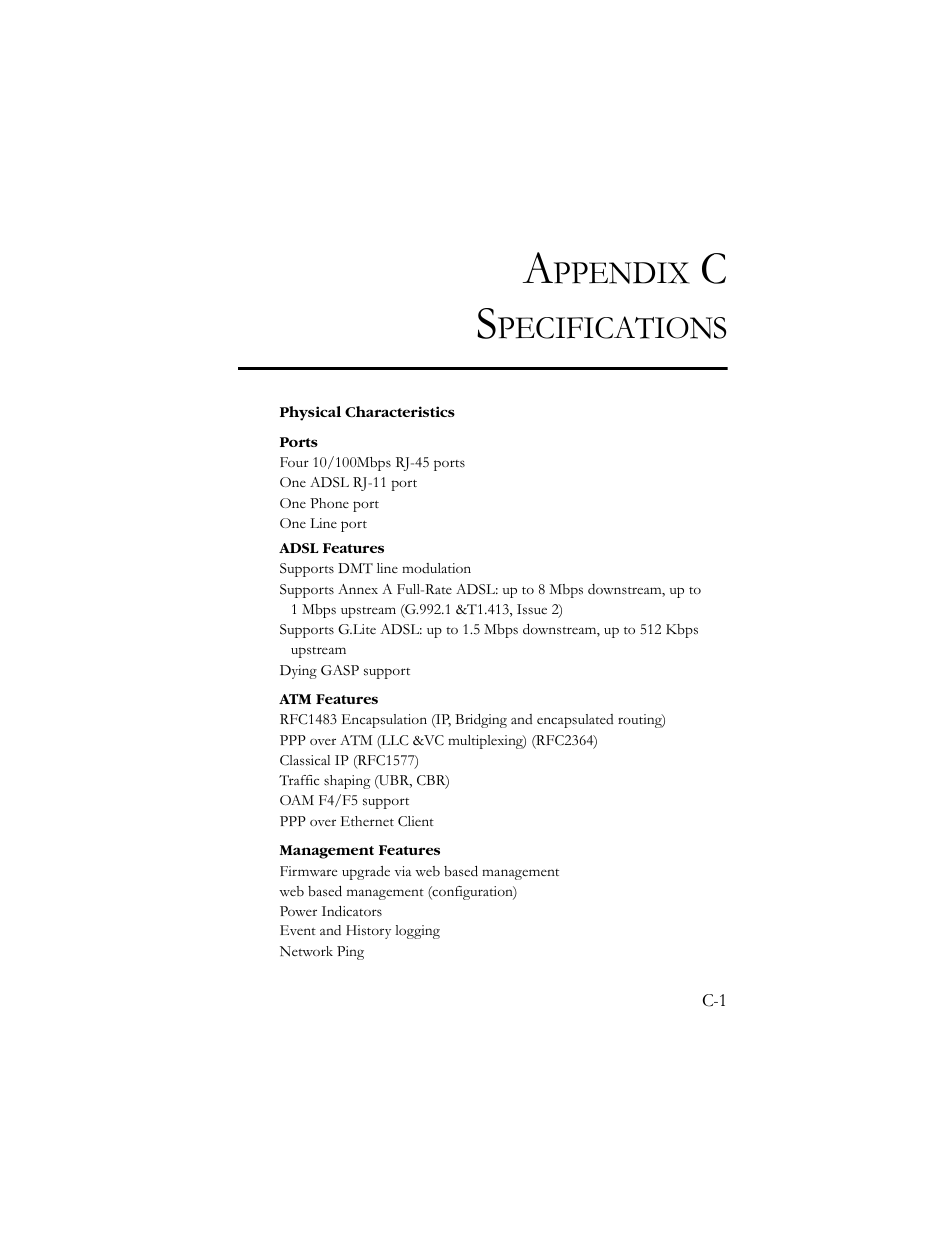 Appendix c specifications, Ppendix, Pecifications | SMC Networks SMC7908VoWBRA User Manual | Page 132 / 137