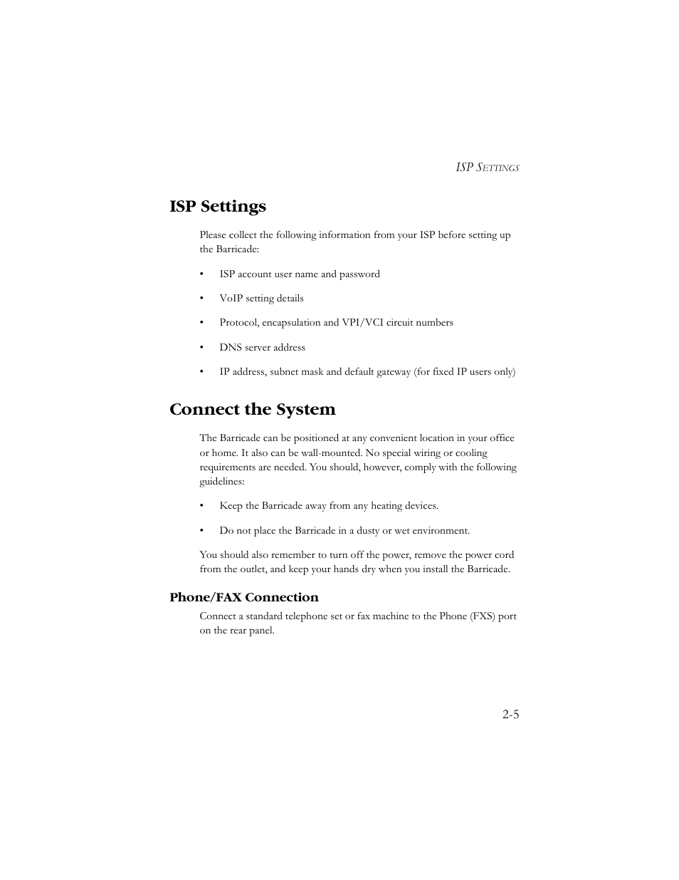 Isp settings, Connect the system, Phone/fax connection | Isp settings -5 connect the system -5, Phone/fax connection -5 | SMC Networks SMC7908VoWBRA User Manual | Page 21 / 137