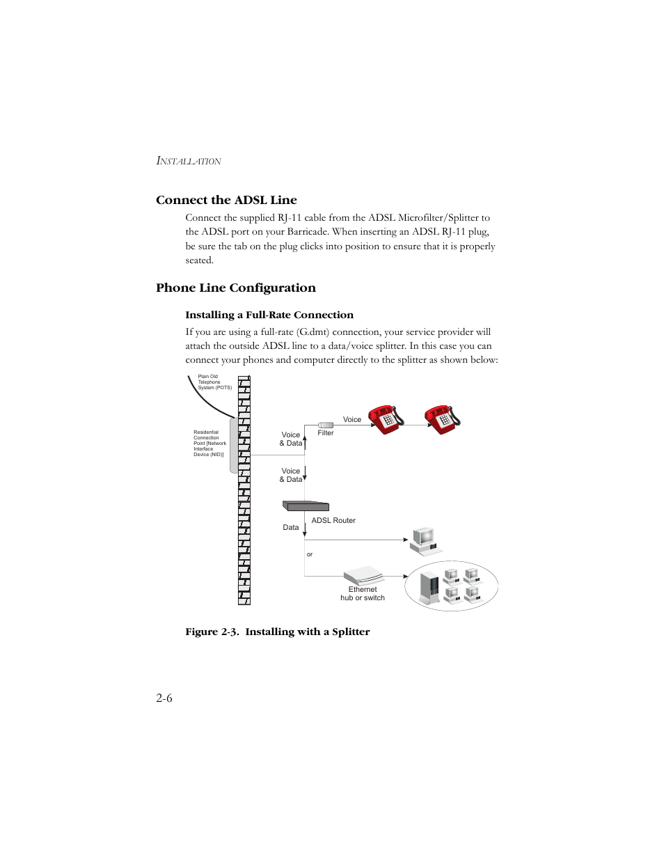 Connect the adsl line, Phone line configuration, 6 connect the adsl line | SMC Networks SMC7908VoWBRA User Manual | Page 22 / 137