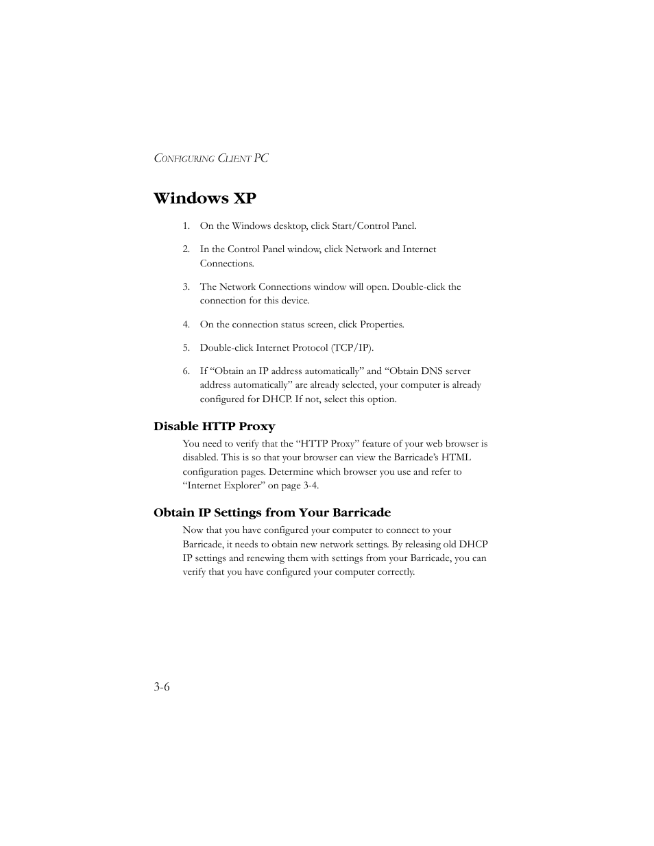 Windows xp, Disable http proxy, Obtain ip settings from your barricade | Windows xp -6 | SMC Networks SMC7908VoWBRA User Manual | Page 30 / 137