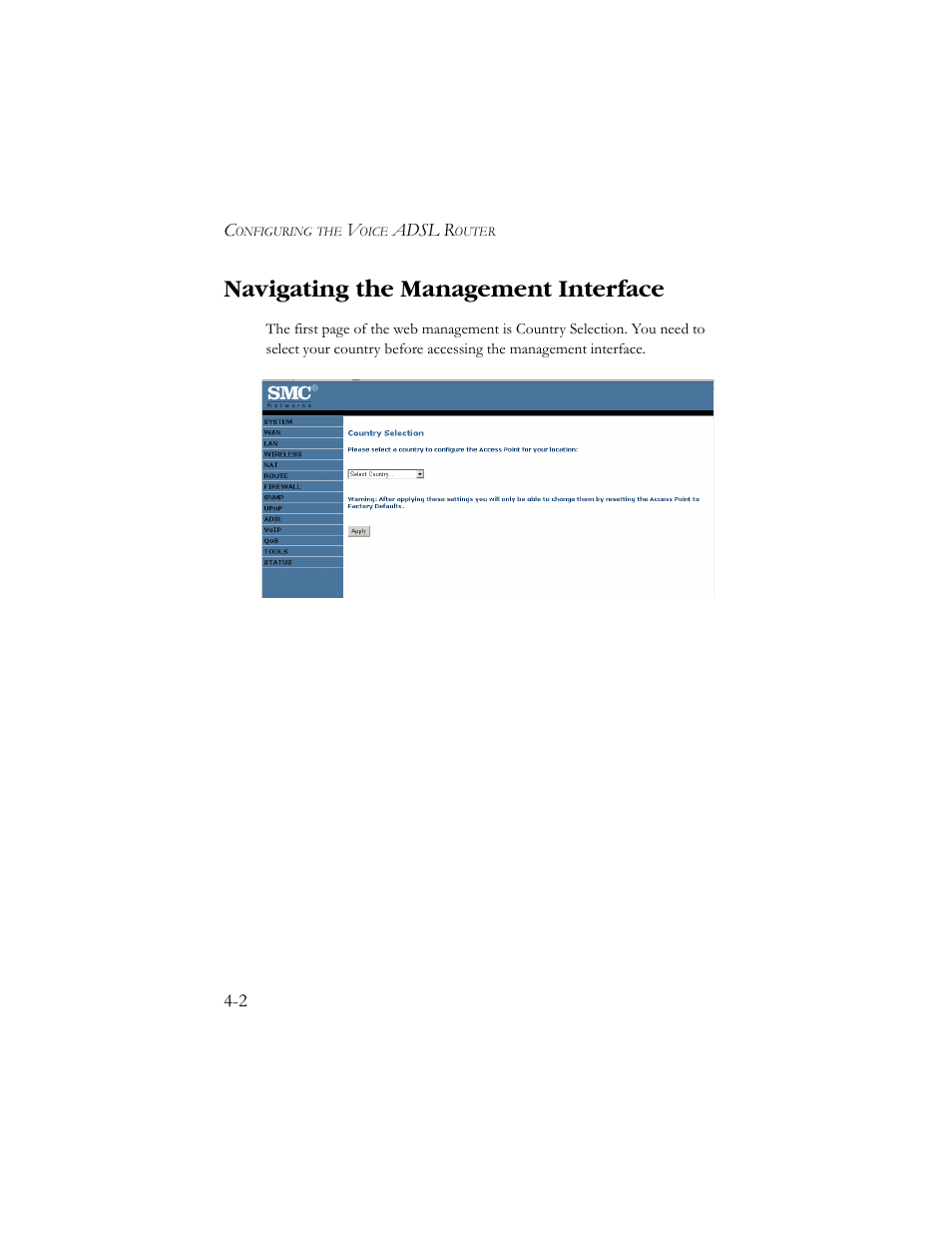 Navigating the management interface, Navigating the management interface -2 | SMC Networks SMC7908VoWBRA User Manual | Page 36 / 137