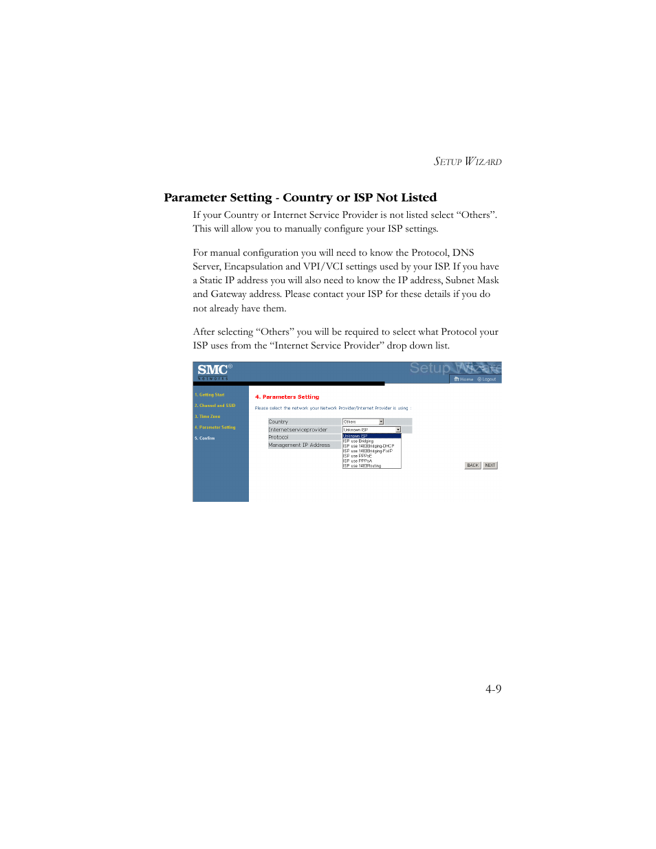 Parameter setting - country or isp not listed, Parameter setting - country or isp not listed -9 | SMC Networks SMC7908VoWBRA User Manual | Page 43 / 137