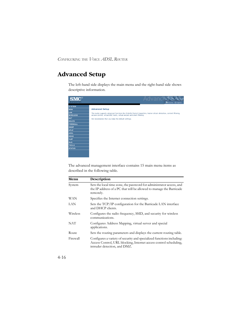 Advanced setup, Advanced setup -16 | SMC Networks SMC7908VoWBRA User Manual | Page 50 / 137