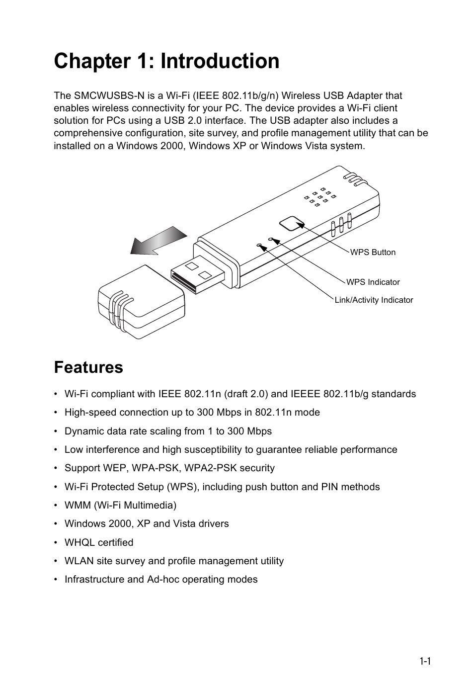 Chapter 1: introduction, Features, Features 1-1 | SMC Networks SMCWUSBS-N User Manual | Page 17 / 64