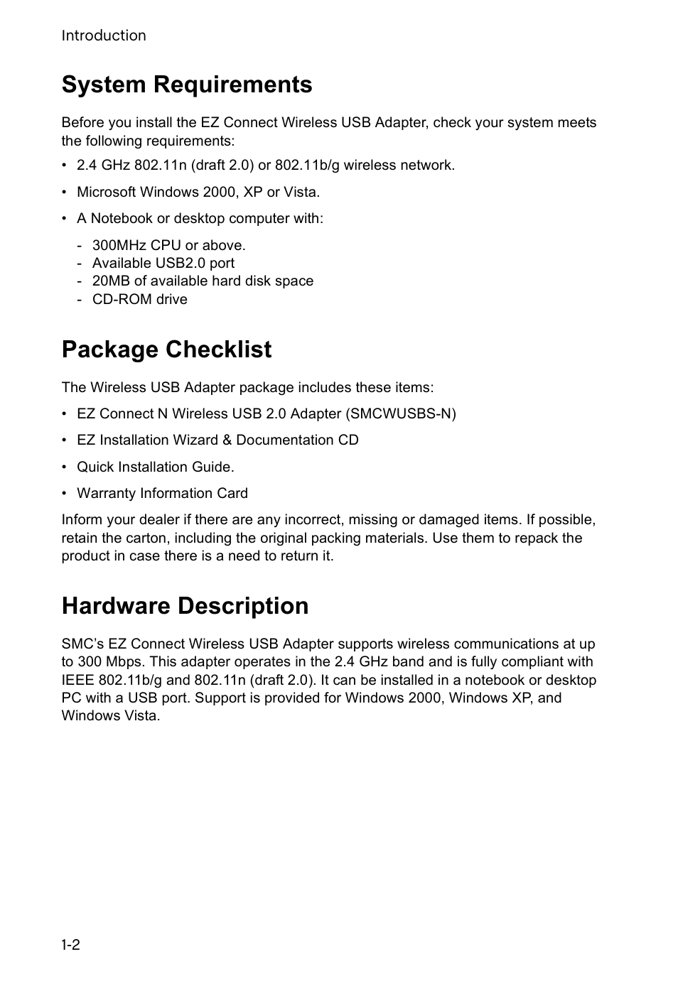 System requirements, Package checklist, Hardware description | SMC Networks SMCWUSBS-N User Manual | Page 18 / 64