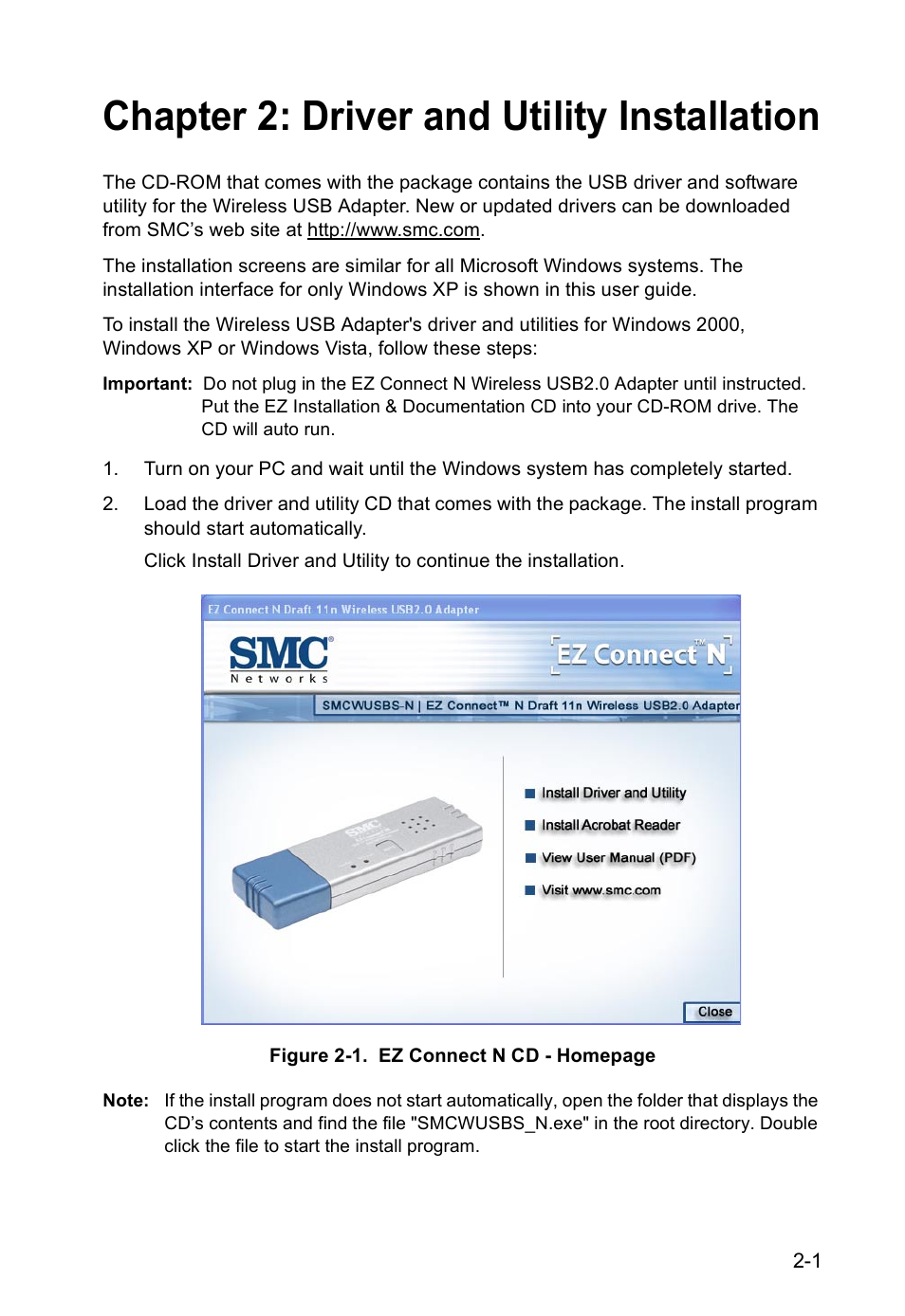 Chapter 2: driver and utility installation | SMC Networks SMCWUSBS-N User Manual | Page 21 / 64