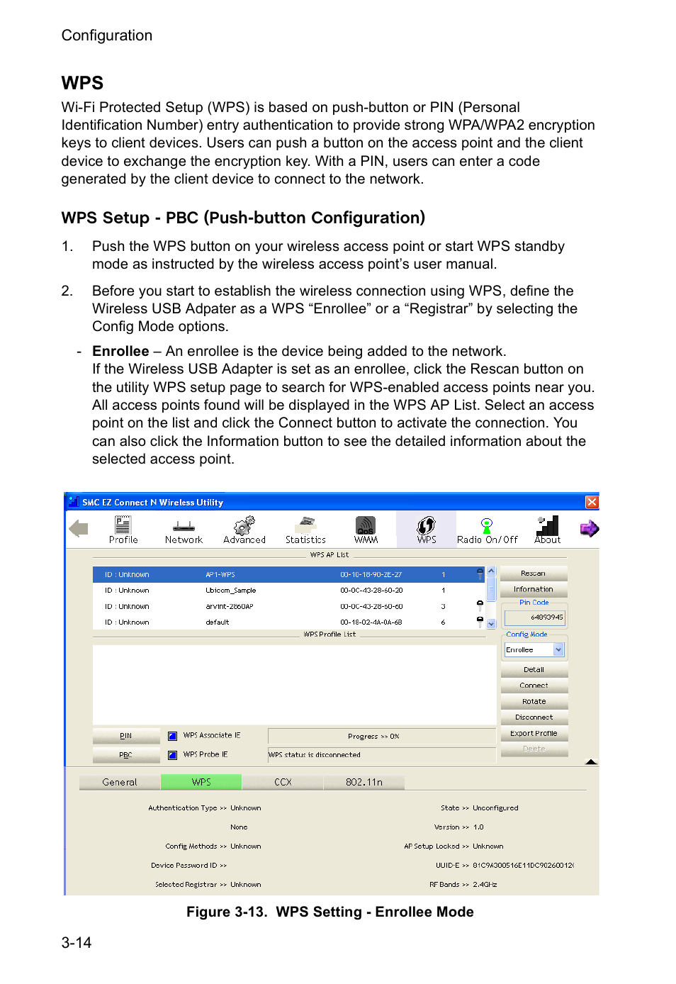 Wps setup - pbc (push-button configuration), Wps 3-14 | SMC Networks SMCWUSBS-N User Manual | Page 38 / 64