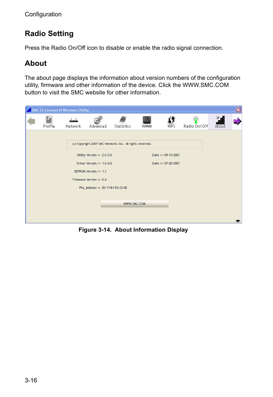 Radio setting, About, About 3-16 | SMC Networks SMCWUSBS-N User Manual | Page 40 / 64