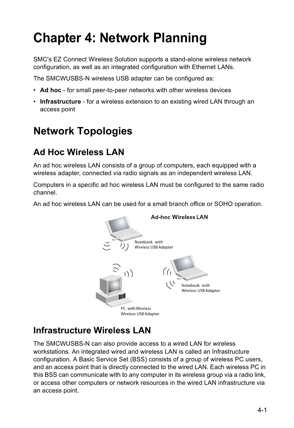 Chapter 4: network planning, Network topologies, Ad hoc wireless lan | Infrastructure wireless lan | SMC Networks SMCWUSBS-N User Manual | Page 43 / 64