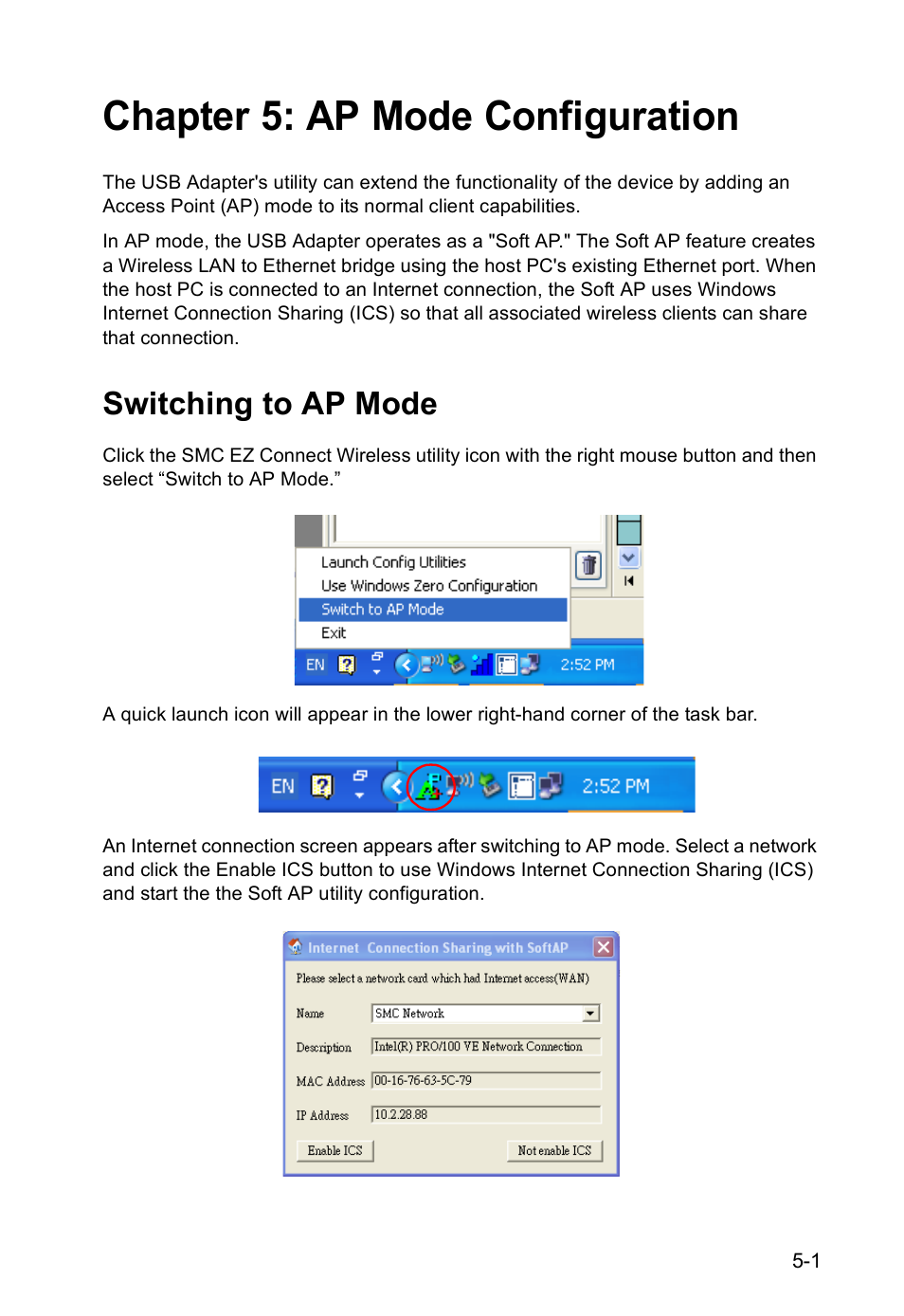 Chapter 5: ap mode configuration, Switching to ap mode | SMC Networks SMCWUSBS-N User Manual | Page 45 / 64