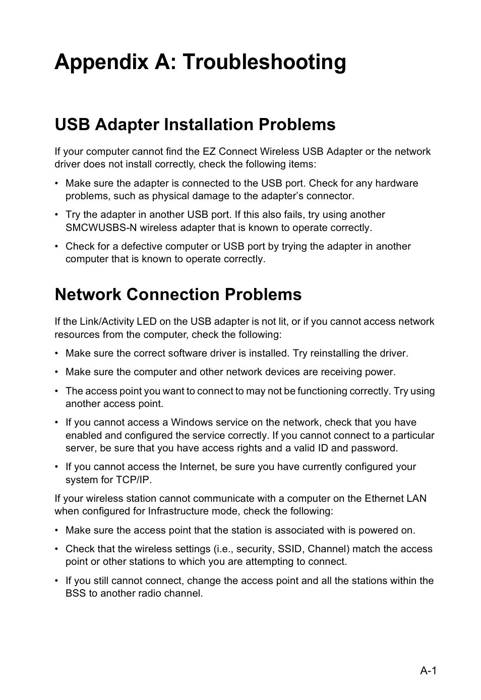 Appendix a: troubleshooting, Usb adapter installation problems, Network connection problems | SMC Networks SMCWUSBS-N User Manual | Page 57 / 64