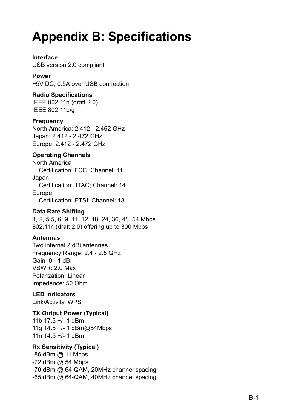 Appendix b: specifications | SMC Networks SMCWUSBS-N User Manual | Page 61 / 64