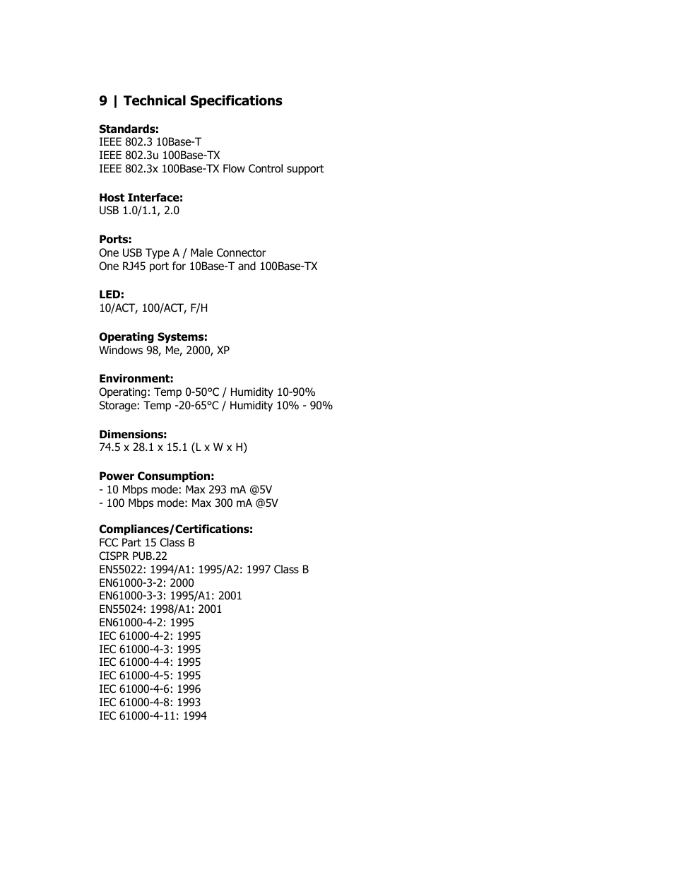 Technical specifications | SMC Networks EZ Networking SMC2209USB/ETH User Manual | Page 13 / 17