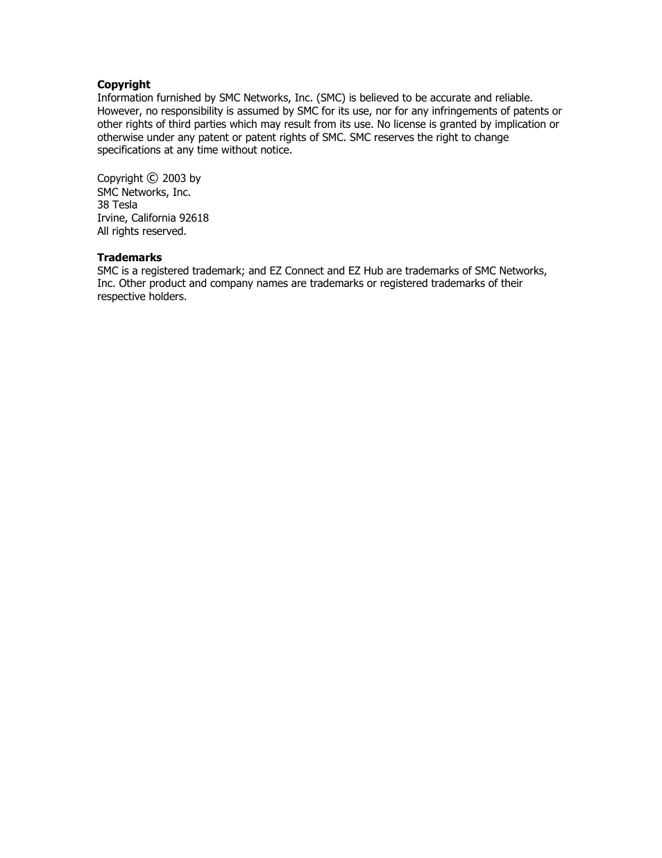 Copyright | SMC Networks EZ Networking SMC2209USB/ETH User Manual | Page 2 / 17