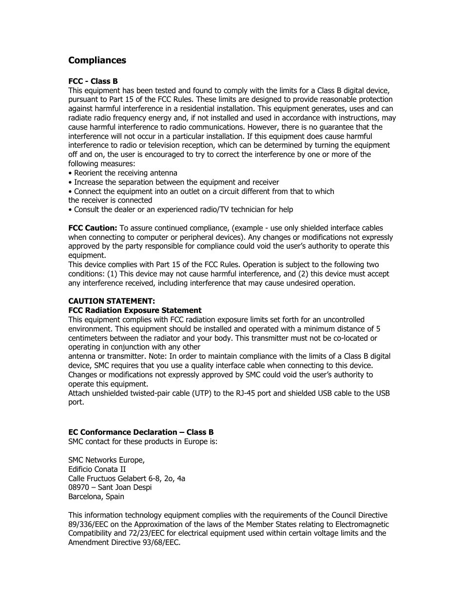 Compliances | SMC Networks EZ Networking SMC2209USB/ETH User Manual | Page 3 / 17