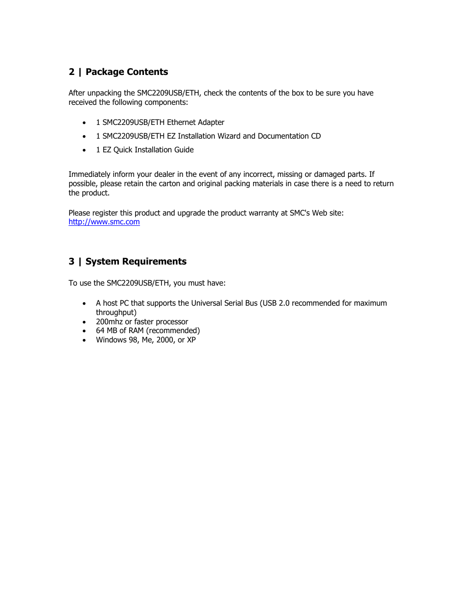 Package contents, System requirements | SMC Networks EZ Networking SMC2209USB/ETH User Manual | Page 5 / 17