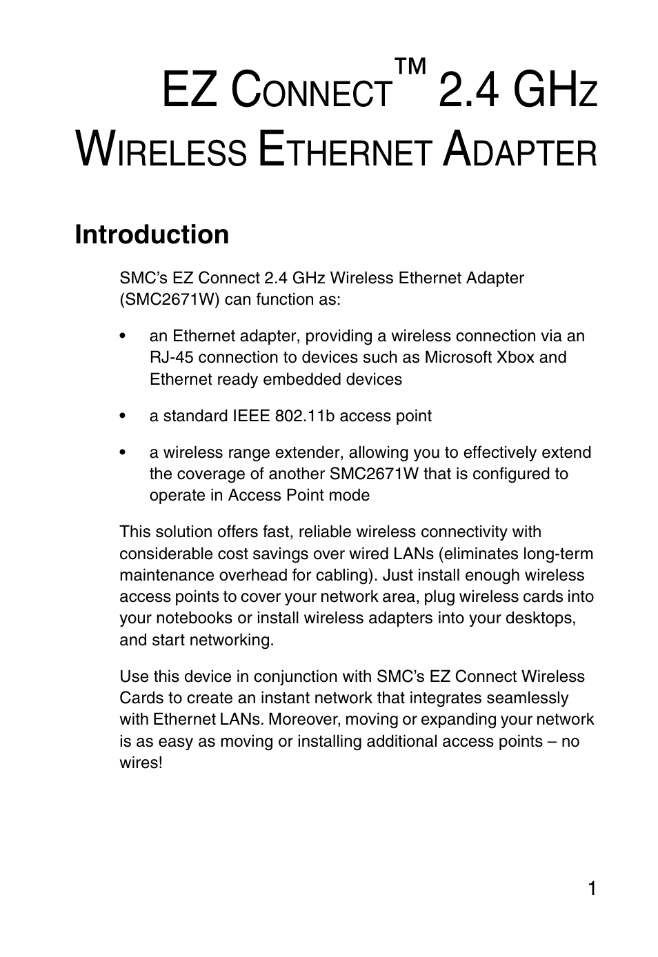 Ez connect™ 2.4 ghz wireless ethernet adapter, Introduction, Ez c | 4 gh, Onnect, Ireless, Thernet, Dapter | SMC Networks 5MC2671W User Manual | Page 13 / 76