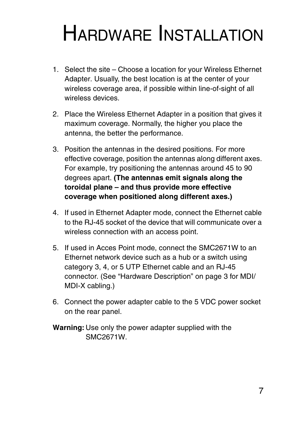 Hardware installation, Ardware, Nstallation | SMC Networks 5MC2671W User Manual | Page 19 / 76