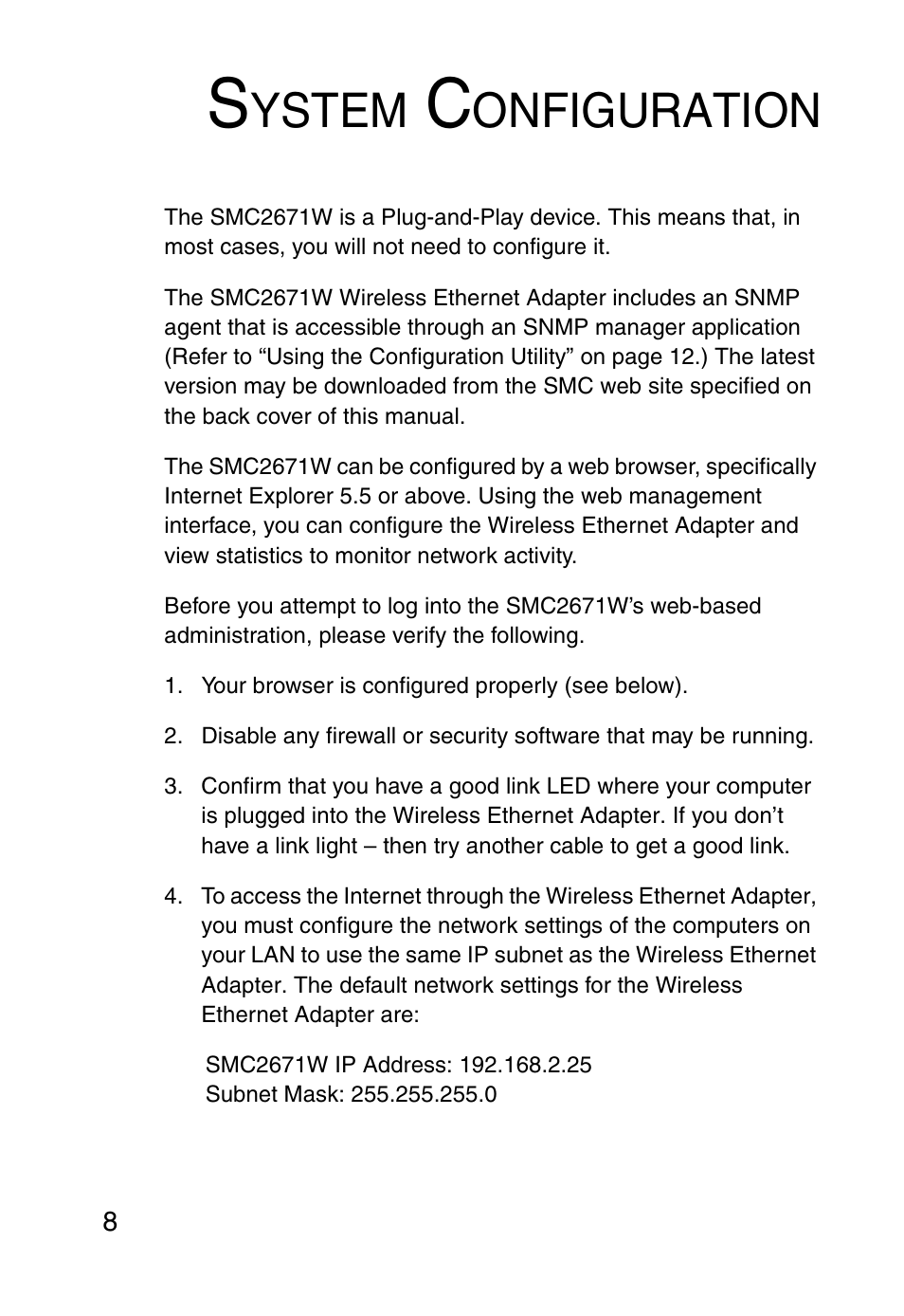 System configuration, Ystem, Onfiguration | SMC Networks 5MC2671W User Manual | Page 20 / 76