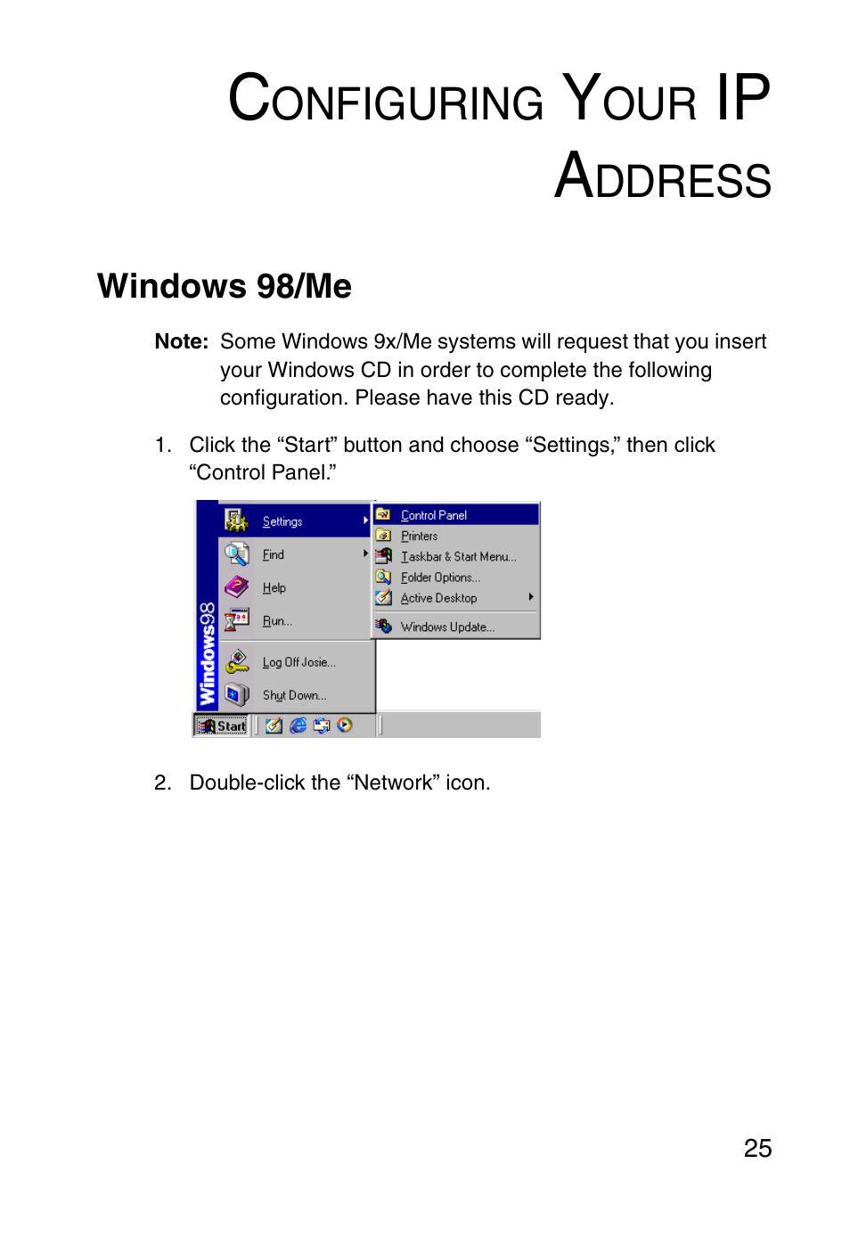 Configuring your ip address, Windows 98/me, Ip a | Onfiguring, Ddress | SMC Networks 5MC2671W User Manual | Page 37 / 76