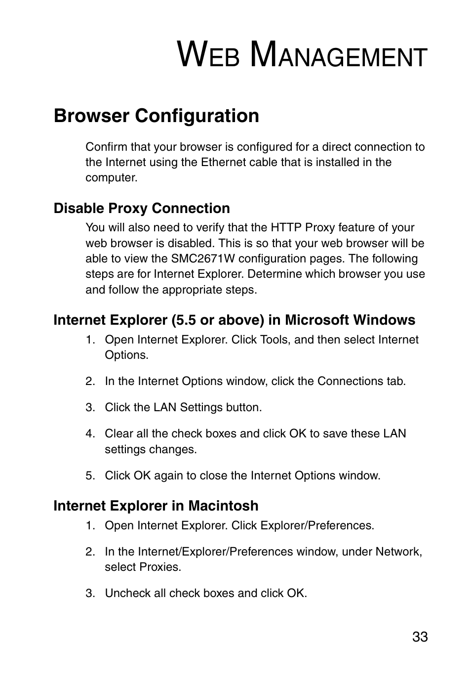 Web management, Browser configuration, Disable proxy connection | Internet explorer in macintosh, Anagement | SMC Networks 5MC2671W User Manual | Page 45 / 76