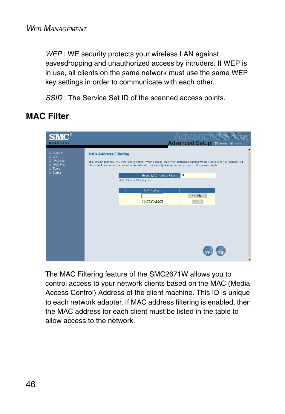 Mac filter | SMC Networks 5MC2671W User Manual | Page 58 / 76