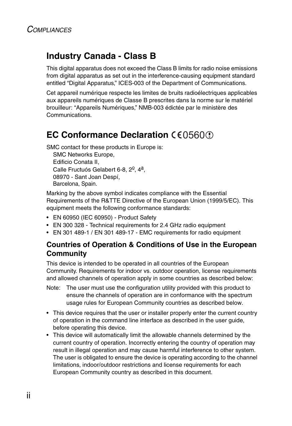 Ii industry canada - class b, Ec conformance declaration | SMC Networks 5MC2671W User Manual | Page 6 / 76