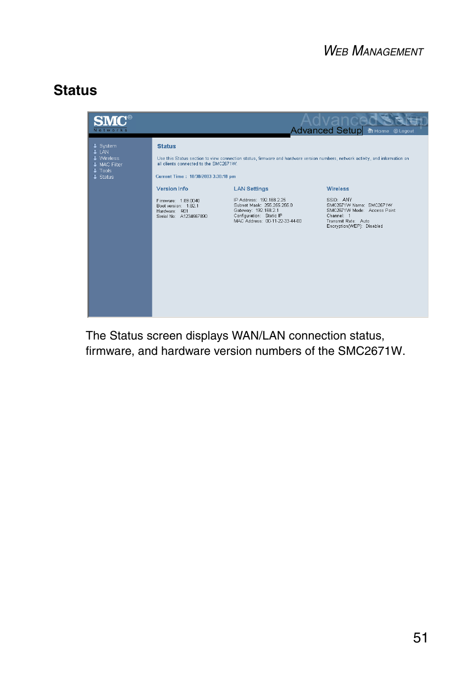 Status | SMC Networks 5MC2671W User Manual | Page 63 / 76
