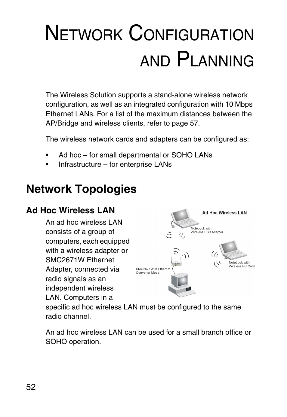 Network configuration and planning, Network topologies, Ad hoc wireless lan | Etwork, Onfiguration and, Lanning | SMC Networks 5MC2671W User Manual | Page 64 / 76