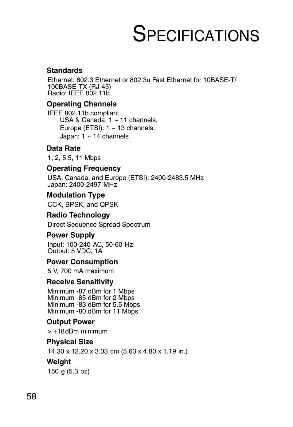 Specifications, Pecifications | SMC Networks 5MC2671W User Manual | Page 70 / 76