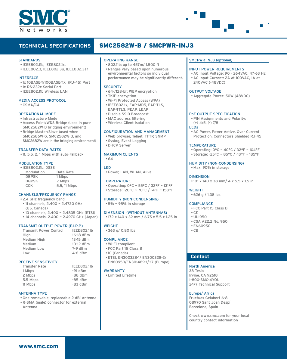 Technical specifications, Contact | SMC Networks ELITECONNECT SMC2582W-B User Manual | Page 2 / 2