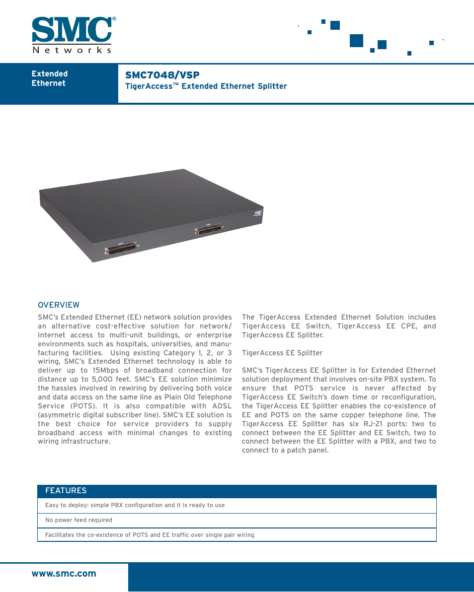 SMC Networks Tiger Access Extended Ethernet Splitter SMC7048/VSP User Manual | 2 pages