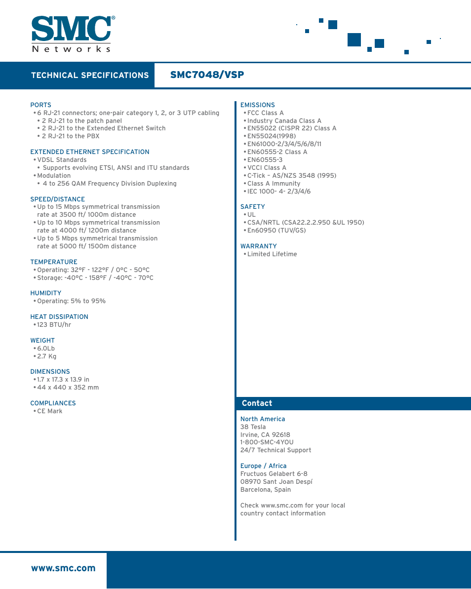 Smc7048/vsp | SMC Networks Tiger Access Extended Ethernet Splitter SMC7048/VSP User Manual | Page 2 / 2