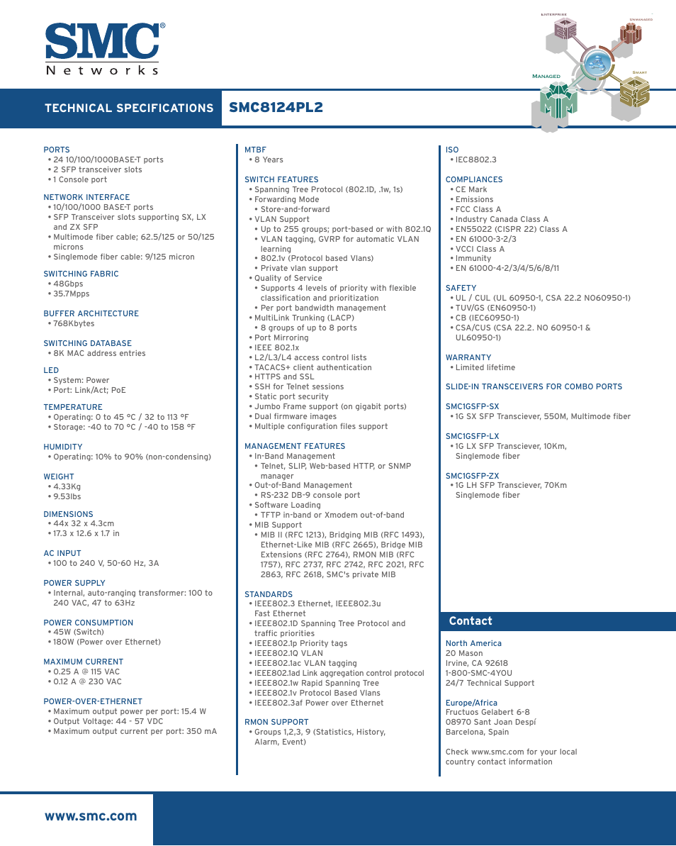 Technical specifications, Contact | SMC Networks SMC Tiger 10/100/1000 SMC8124PL2 User Manual | Page 2 / 2