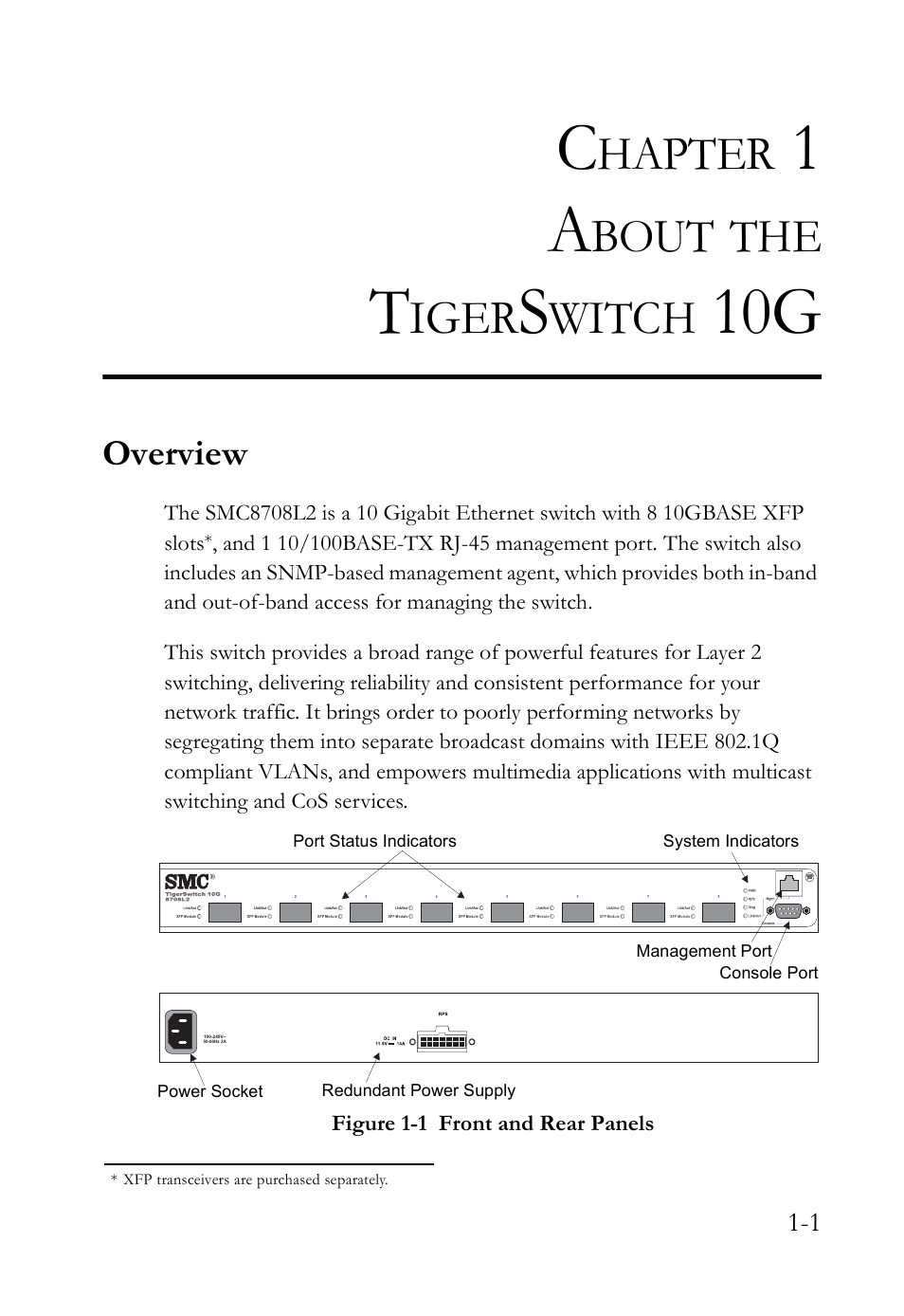 Chapter 1 about the tigerswitch 10g, Overview, About the tigerswitch 10g -1 | Overview -1, Figure 1-1, Front and rear panels -1, Hapter, Bout, Iger, Witch | SMC Networks 10G User Manual | Page 21 / 80