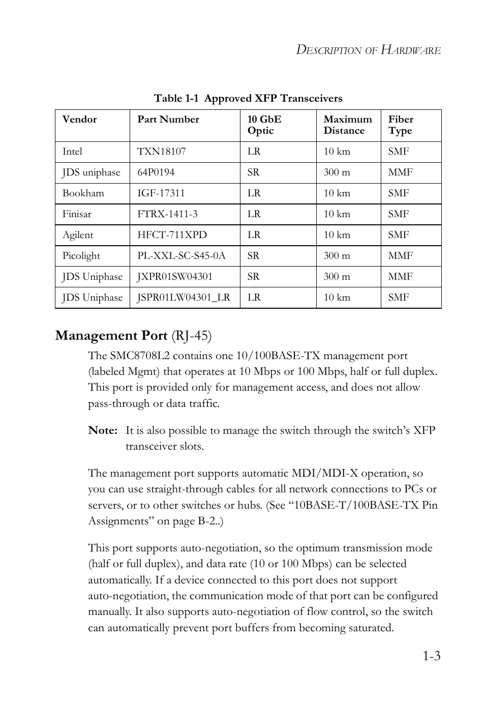 Management port (rj-45), Management port (rj-45) -3, Table 1-1 approved xfp transceivers -3 | 3 management port (rj-45) | SMC Networks 10G User Manual | Page 23 / 80