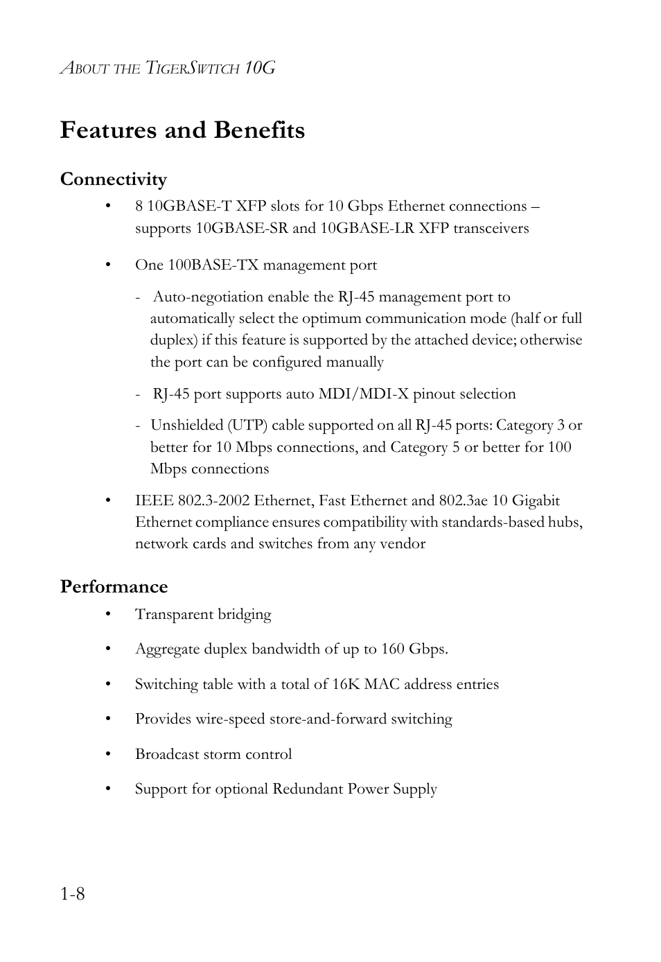 Features and benefits, Connectivity, Performance | Features and benefits -8, Connectivity -8 performance -8, 10g 1-8 | SMC Networks 10G User Manual | Page 28 / 80