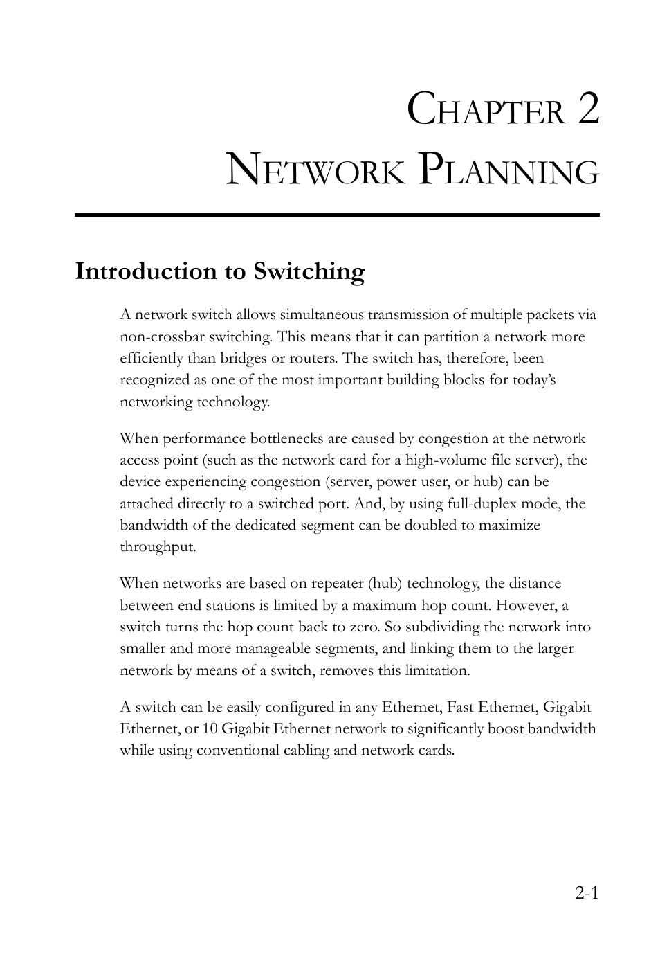 Chapter 2 network planning, Introduction to switching, Network planning -1 | Introduction to switching -1, Hapter, Etwork, Lanning | SMC Networks 10G User Manual | Page 31 / 80